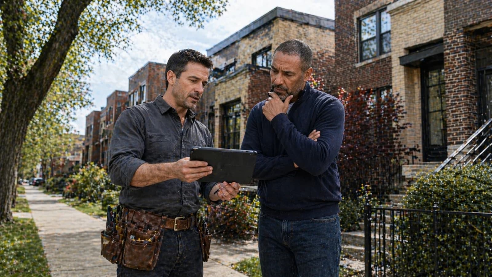 Chicago roofing contractor shows a homeowner a tablet with side-by-side inspection photos outside a brick residential building, walking him through the repair versus full replacement decision based on the actual condition of the roof.