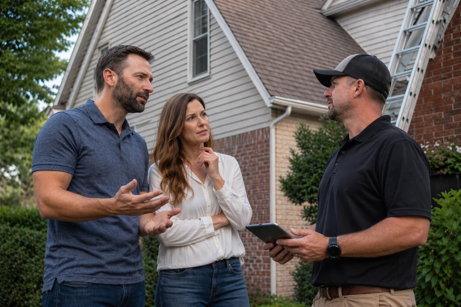 Homeowners asking a roofing contractor questions during an on-site estimate